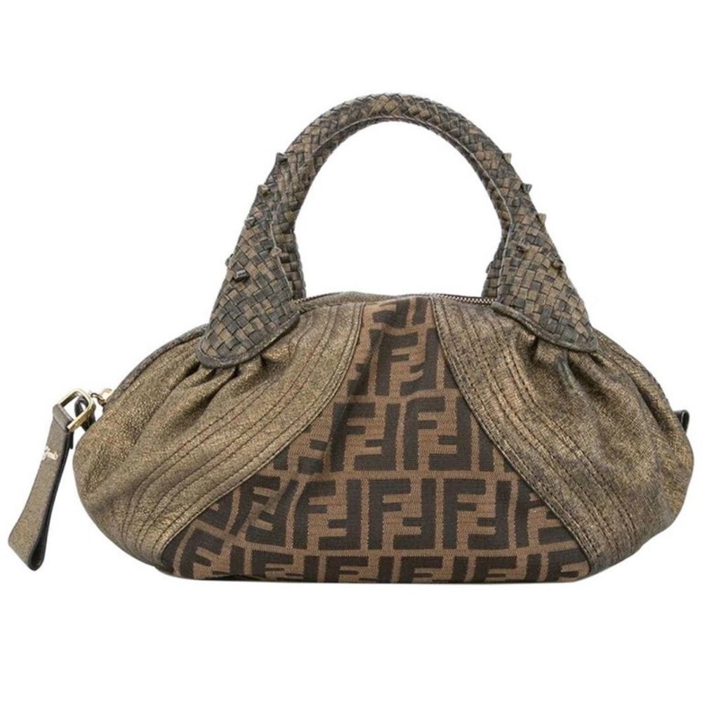 Fendi Monogram Fabric Brown Gold Leather Bag
